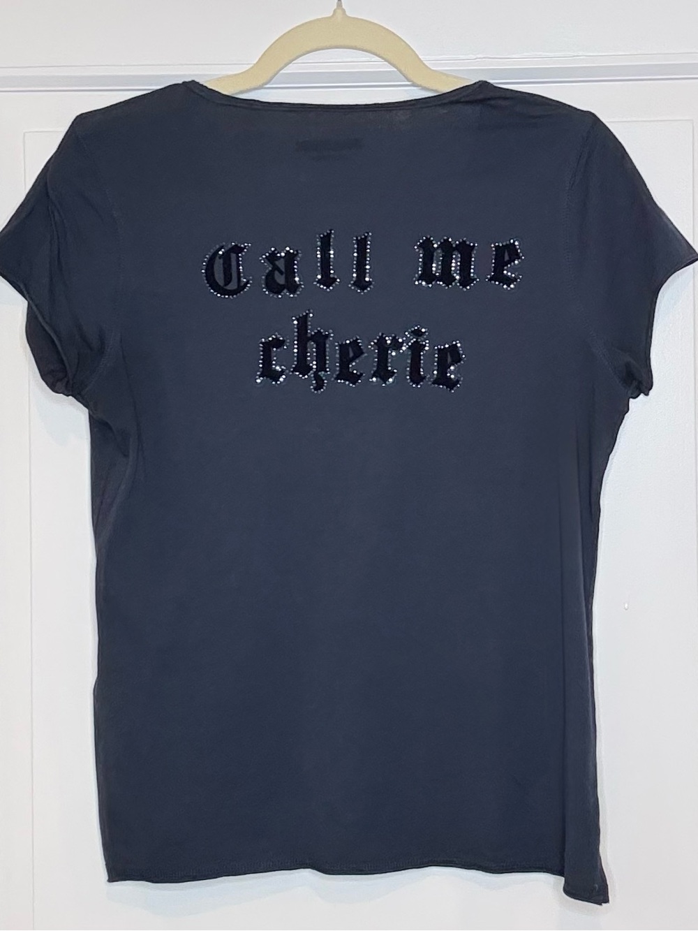 Zadig & Voltaire Call Me Cherie Henley Tee Navy Organic Cotton Rhinestone Back S